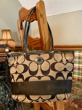 Coach Black and Khaki Signature Canvas Bag